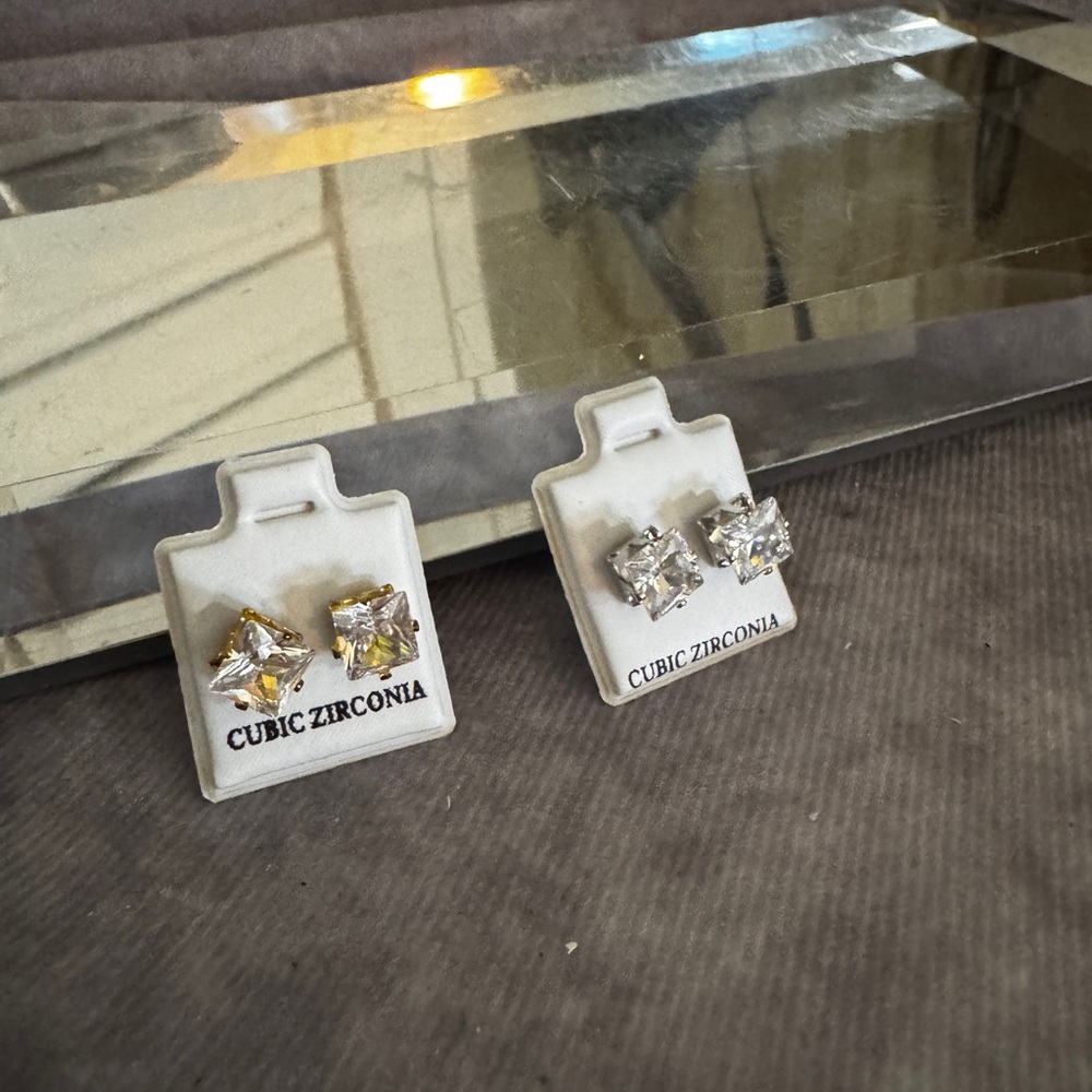CZ Stud Earrings set of 2  Emerald‎ Cut